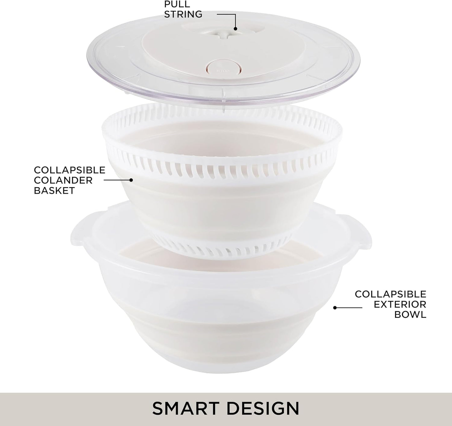 COOK WITH COLOR Collapsible Salad Spinner - 4 QT Space Saving Lettuce Dryer with Folding Collapsible Colander Great for Washing and Drying Fruit and Vegetables (White)