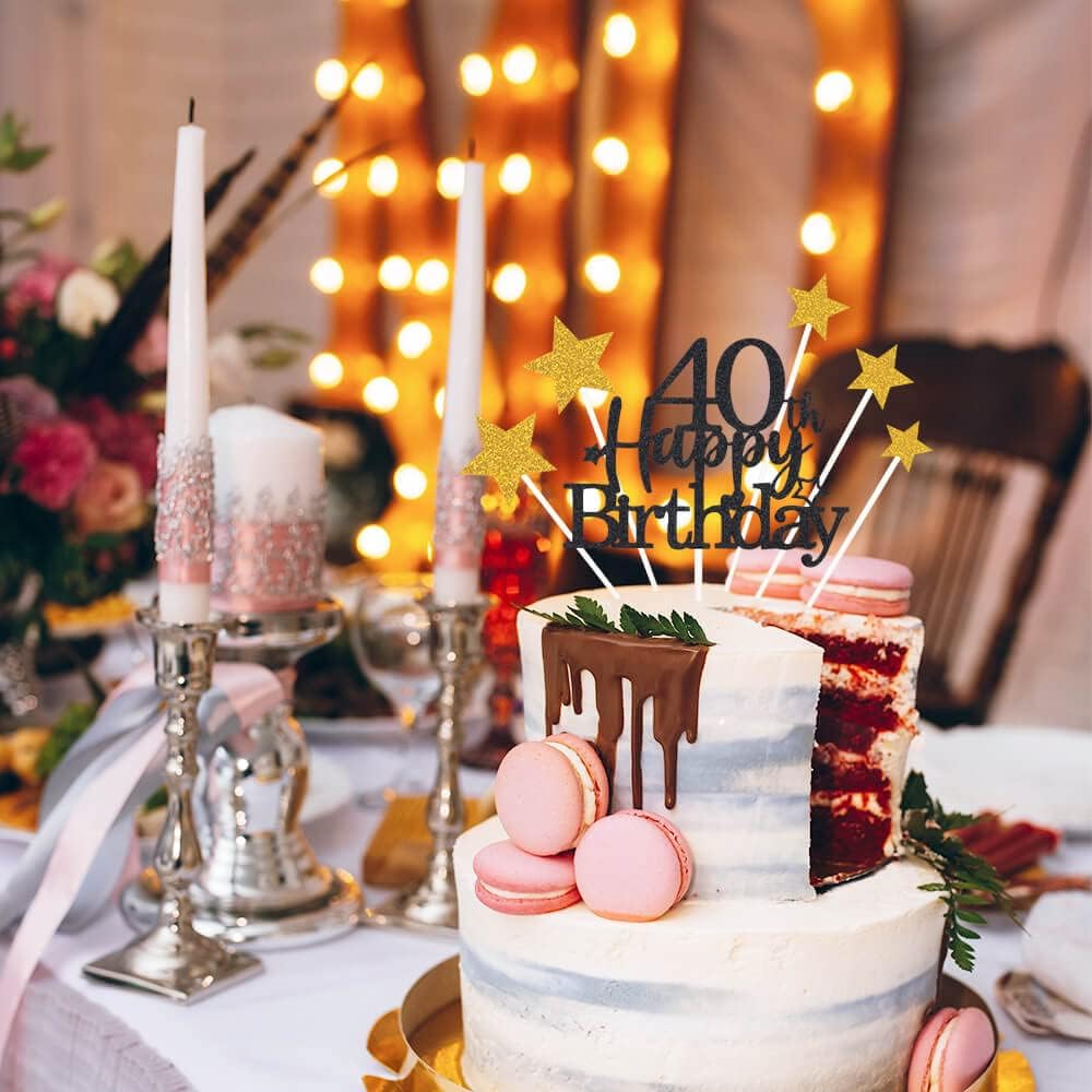Glittery 40th Happy Birthday Cake Topper with Star,Personalised 40 Birthday Cake Toppers Party Decorations Party Supplies for Men Women Black Gold