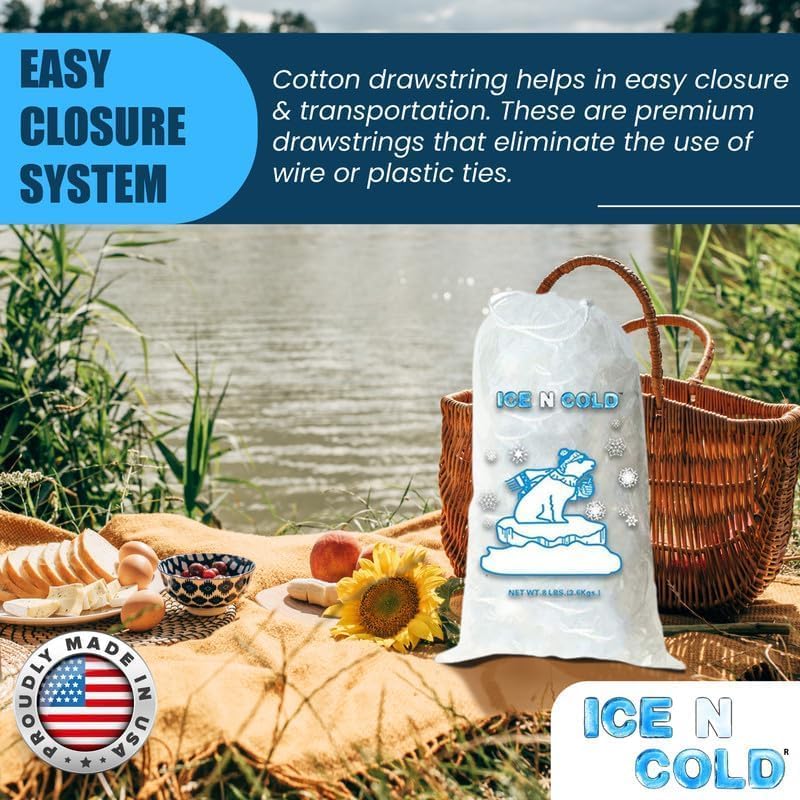 Ice Bags with Drawstring Closure | 10lb, 400ct/cs | 41 mic Thickness | Portable Storage and Freezer Keeper
