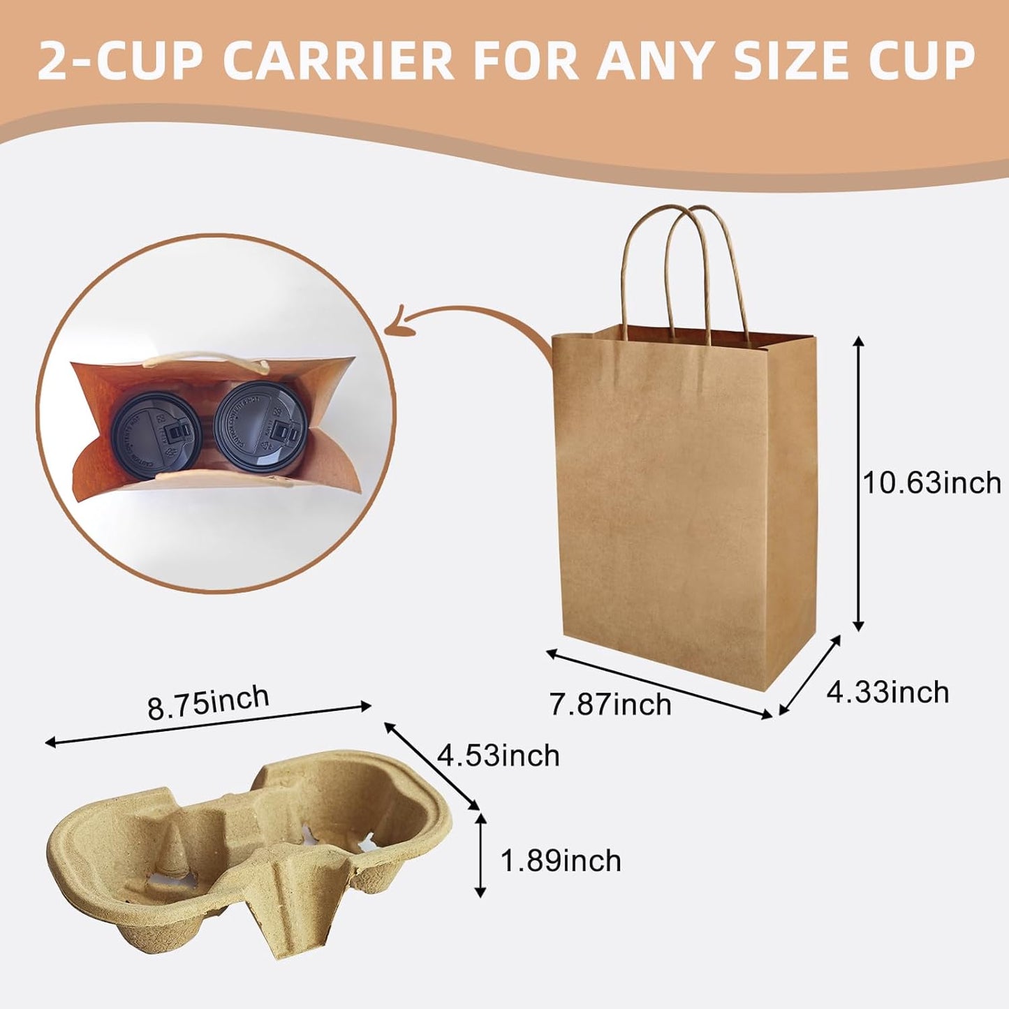 Take-Out Paper Bags And Two Drink Paper Trays 40 Pack,Two Cup Carrier Tray Coffee Cup Holder Disposable Cup Holder Tray,Brown Baper Bags With Handles Bulk (Two-cup size)