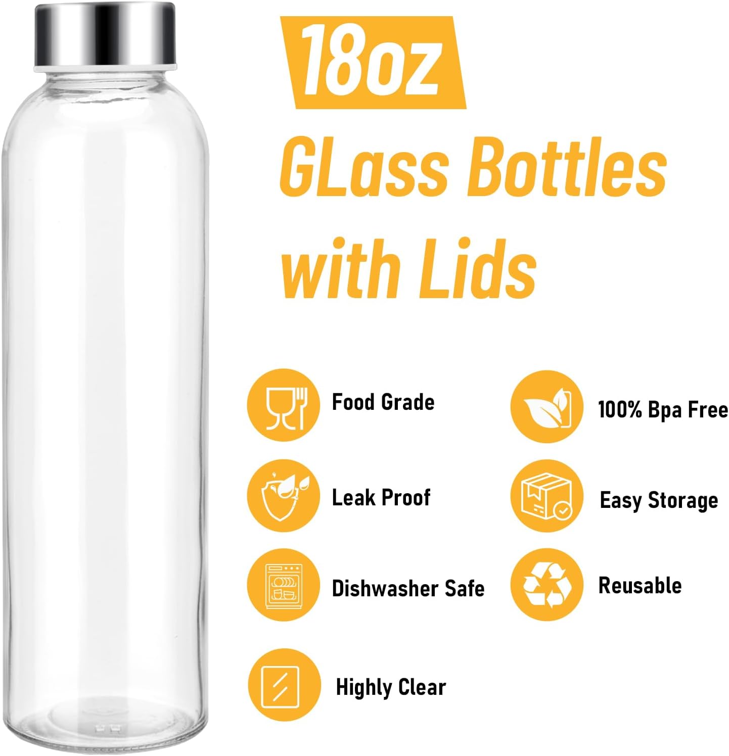[12 Pack]18 oz Glass Water Bottles with Lids, Juice Bottles, Clear glass juice bottle for juicing, Eco-Friendly Reusable Glass Juicing Bottles with Stainless Steel Lid, BPA Free,Leak-Proof