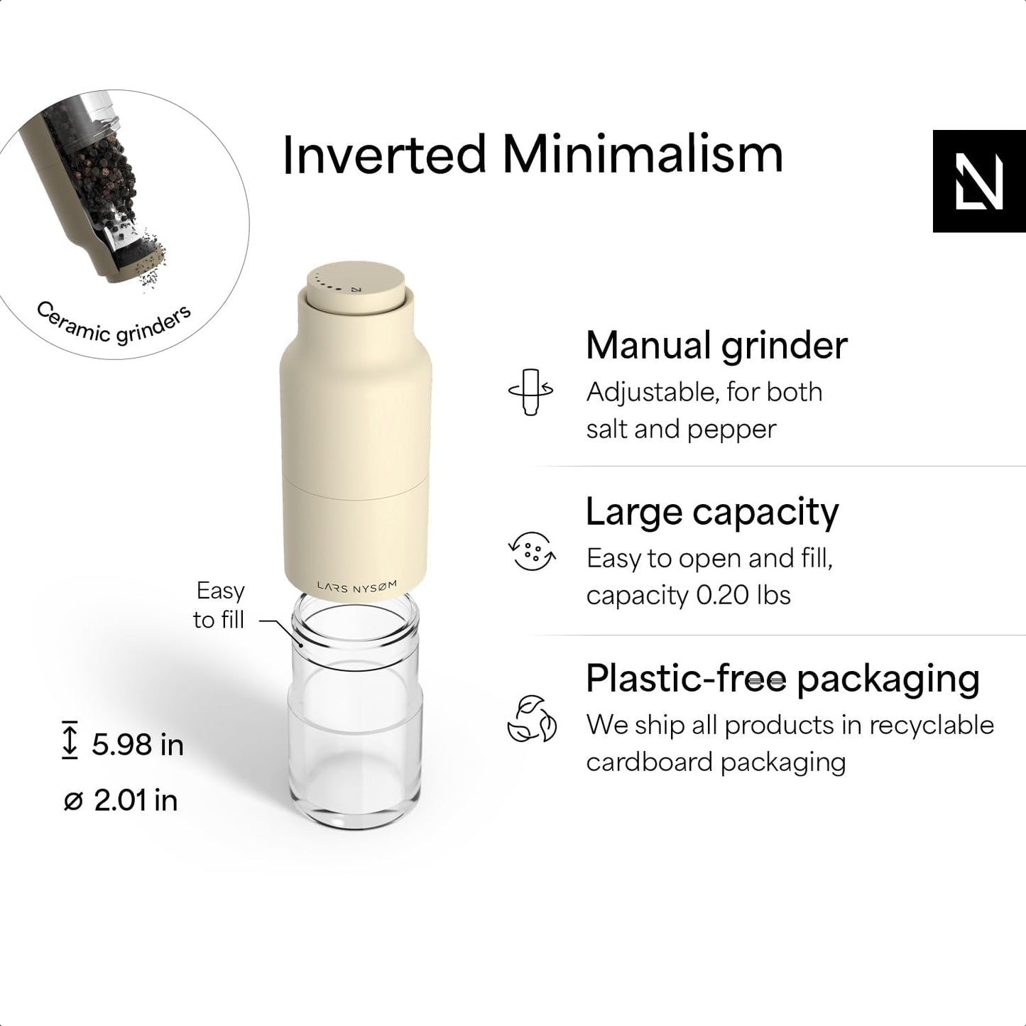 LARS NYSØM Salt and Pepper Grinder Set, Stainless Steel Manual Salt and Pepper Mills, Adjustable Ceramic Grinder, Design Spice Shakers (Brown/Beige)