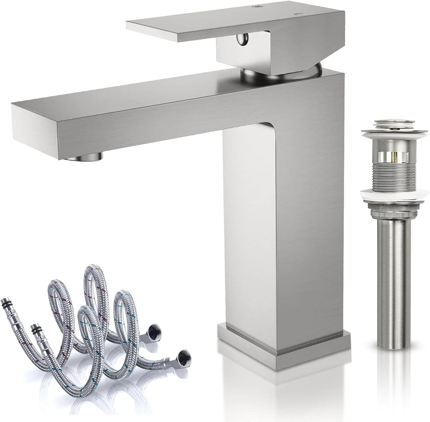 Brushed Nickel Bathroom Faucet for 1 Hole, CEC & cUPC Certified Lead-Free Solid Brass Vanity Faucet for Bathroom Sink with Pop Up Drain Stopper & Water Supply Hoses