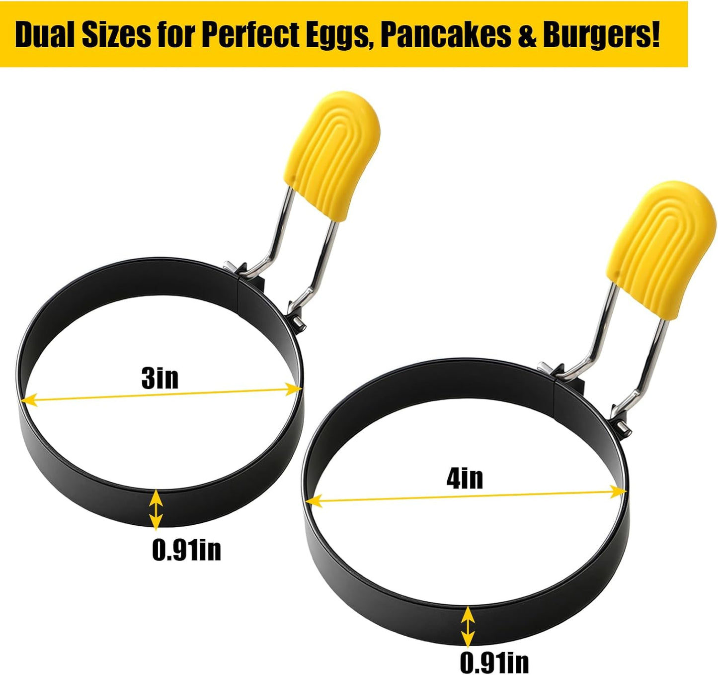 4 Pack Fried Egg Molds Round Stainless Steel Fried Egg Ring with Silicone Handle Perfect for Making Breakfast Sandwiches, Burgers, Pancakes Suitable for Home or Breakfast Carts (3 inch & 4 inch）