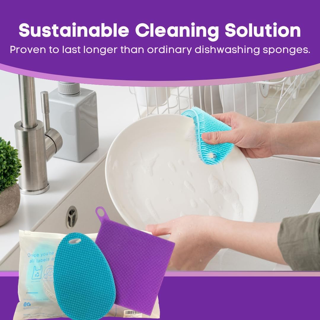 Silicone Dish Sponge Dish Scrubber (Oval and Square) - Dual-Sided, Food Grade Silicone Sponges for Dishes and Housecleaning 2-Pack