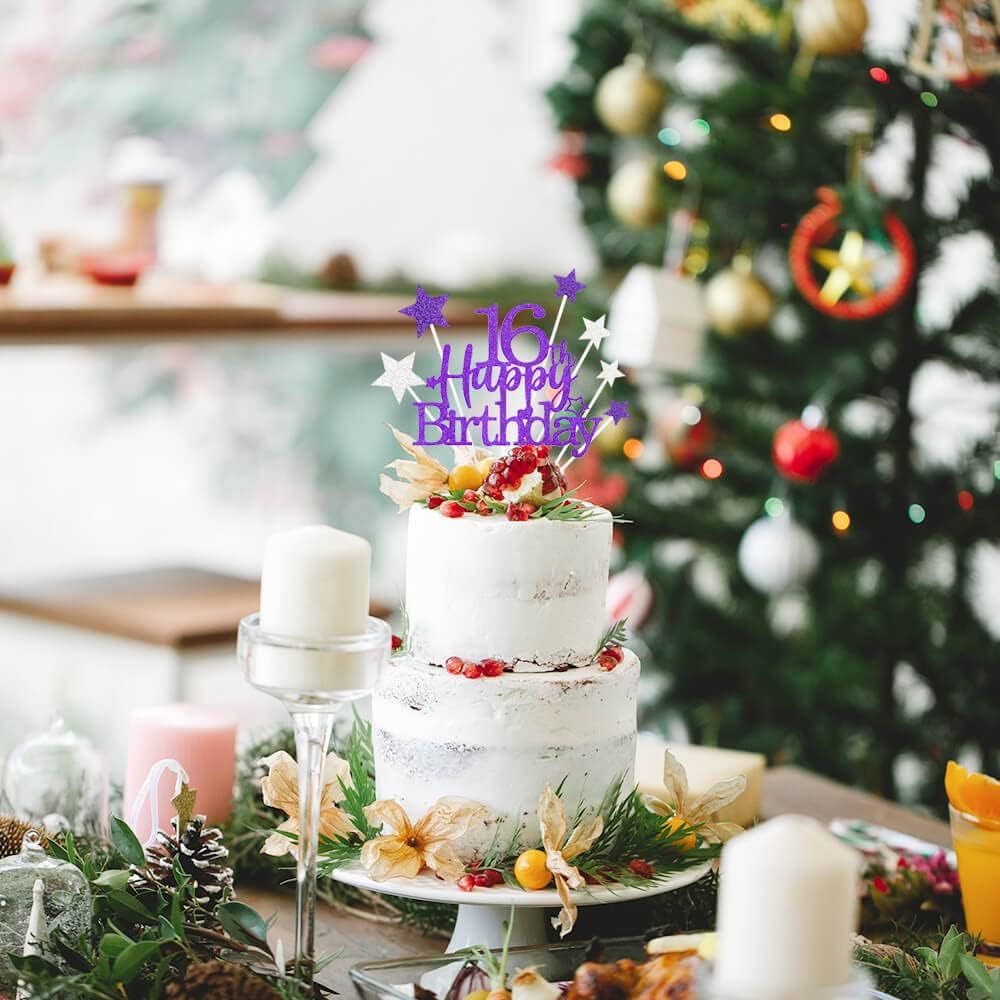 Glittery 16th Happy Birthday Cake Topper with Star,Personalised 16 Birthday Cake Toppers Party Decorations Party Supplies for Boys Girls Purple Silver