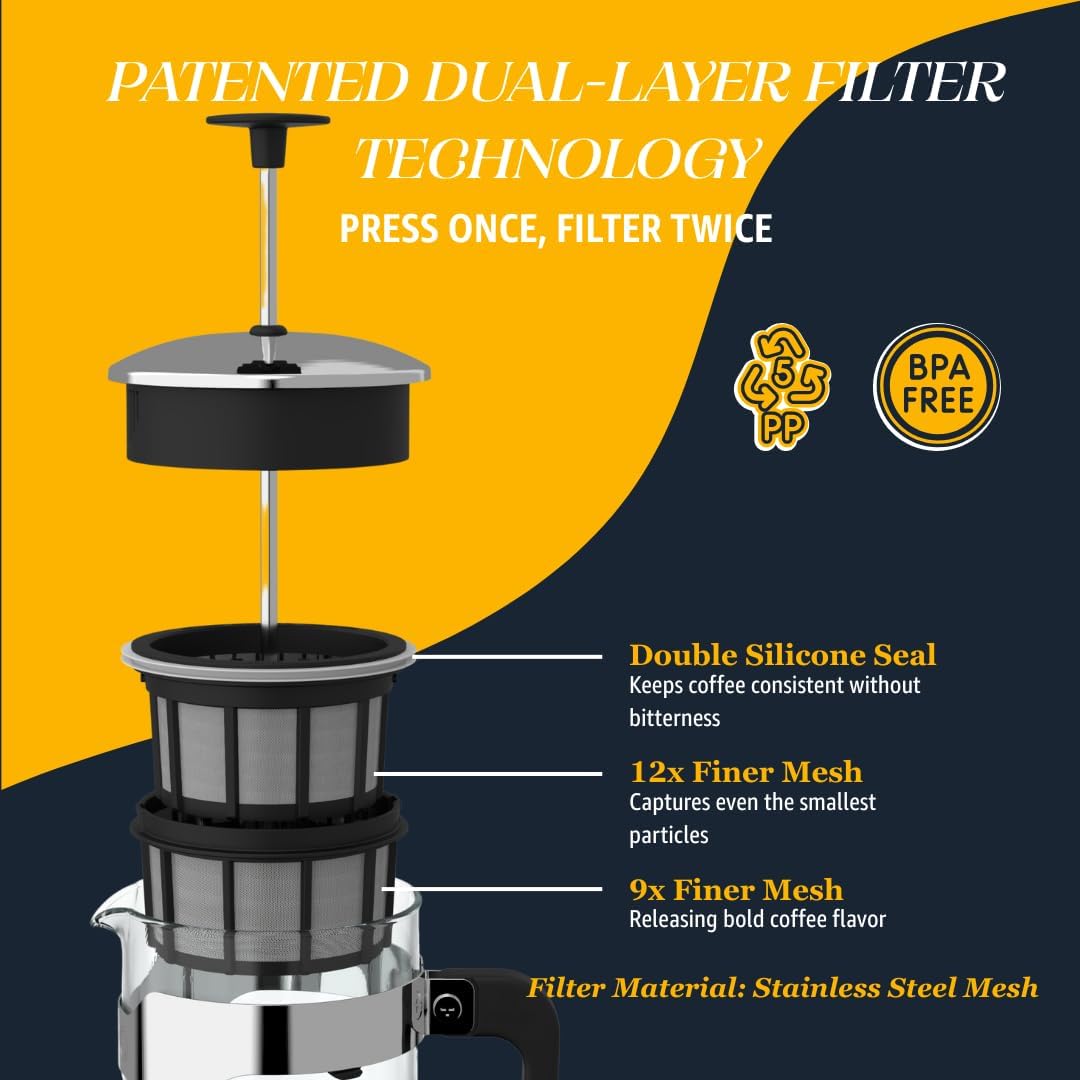 ESPRO - P5 French Press Coffee Maker – Patented Double Microfilter for Sludge and Grit Free Coffee – Made in Taiwan, Black, 18 oz