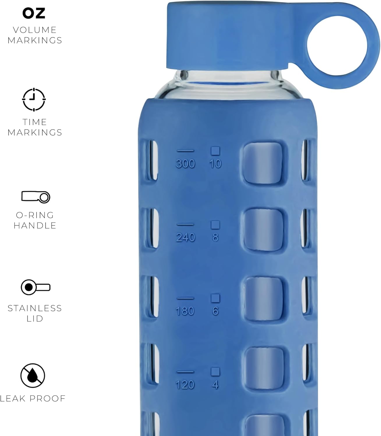 purifyou 40oz / 32oz / 22oz / 12oz Borosilicate Glass Water Bottle with Time & Volume Markers, Silicone Sleeve, Stainless Steel Lid – Reusable Glass Bottle for Water & Juice (12oz Chinese Porcelain)