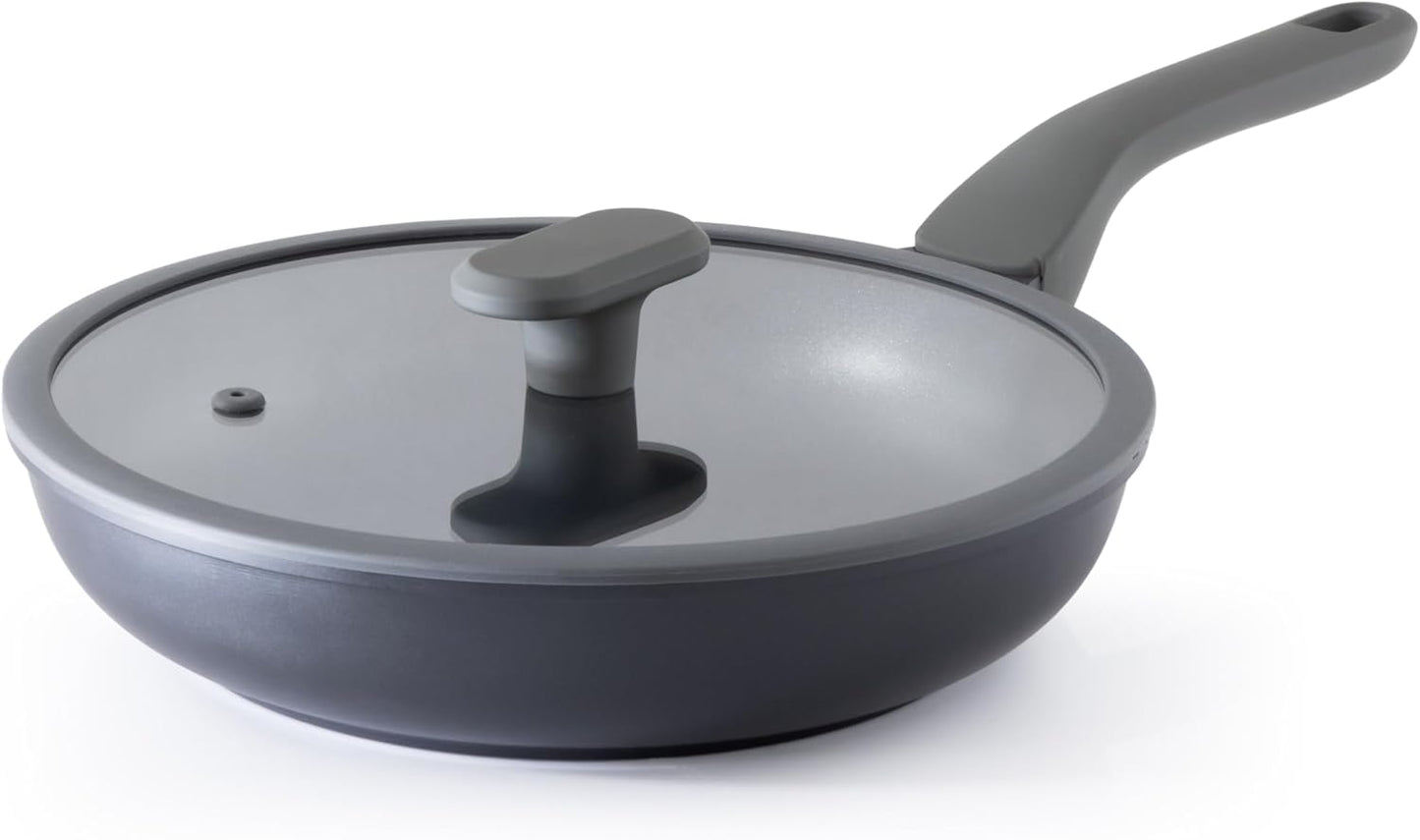 Nonstick Ceramic Frying Pan with Lid, 8/10 Inch Skillet with Stay Cool Handle, Fully Coated, Induction Compatible & Oven Safe, 100% Dishwasher Safe, PTFE & PFOA Free（10 Inch, Black Sesame）