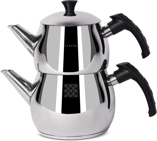 Serenk Stainless Steel 3 qt(101 fl oz) Turkish Tea Pot Sets With Lids And NonSlip Bakelite Handles For All Stove Type Turkish Tea Maker Two Pots With Termo Capsuled Induction Base (Black Small)