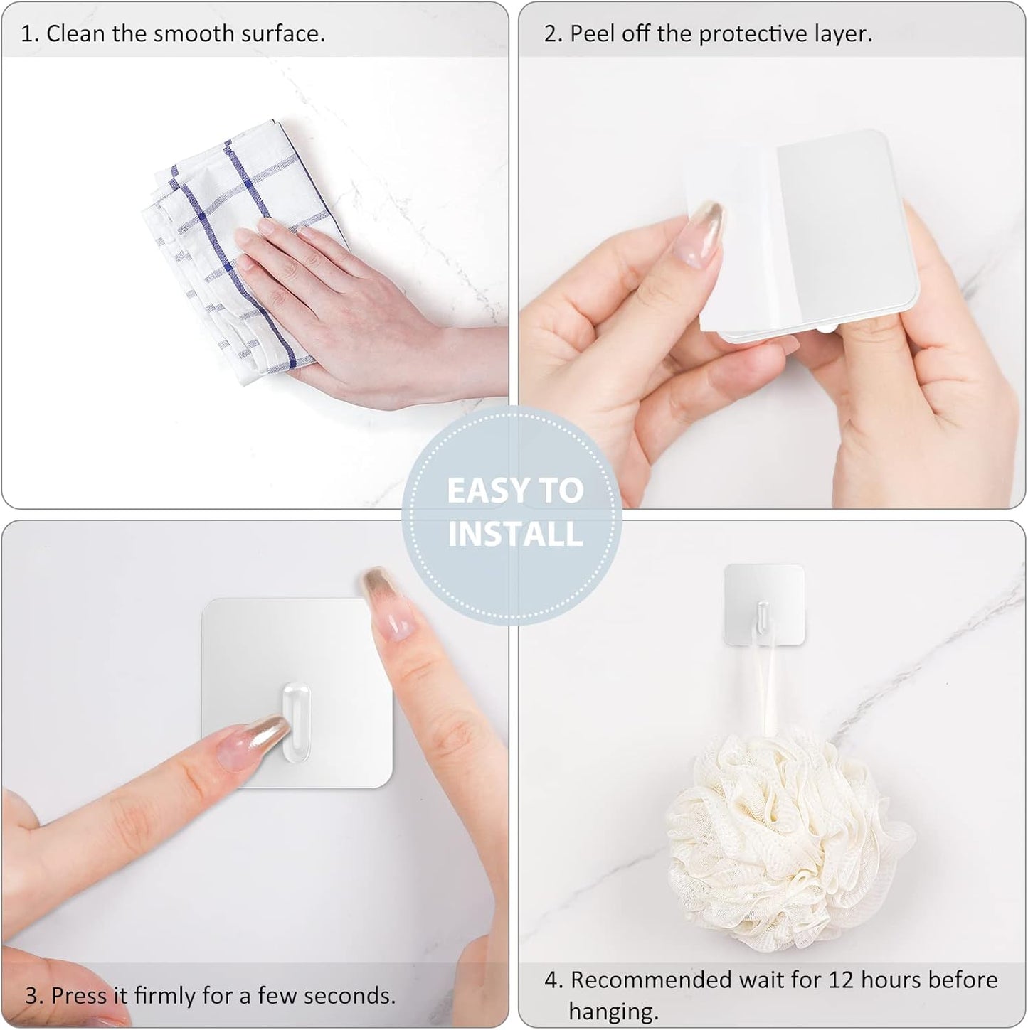 VIS'V Adhesive Hooks, Heavy Duty Shower Wall Stick on Hooks, Waterproof, White, 6 Pcs