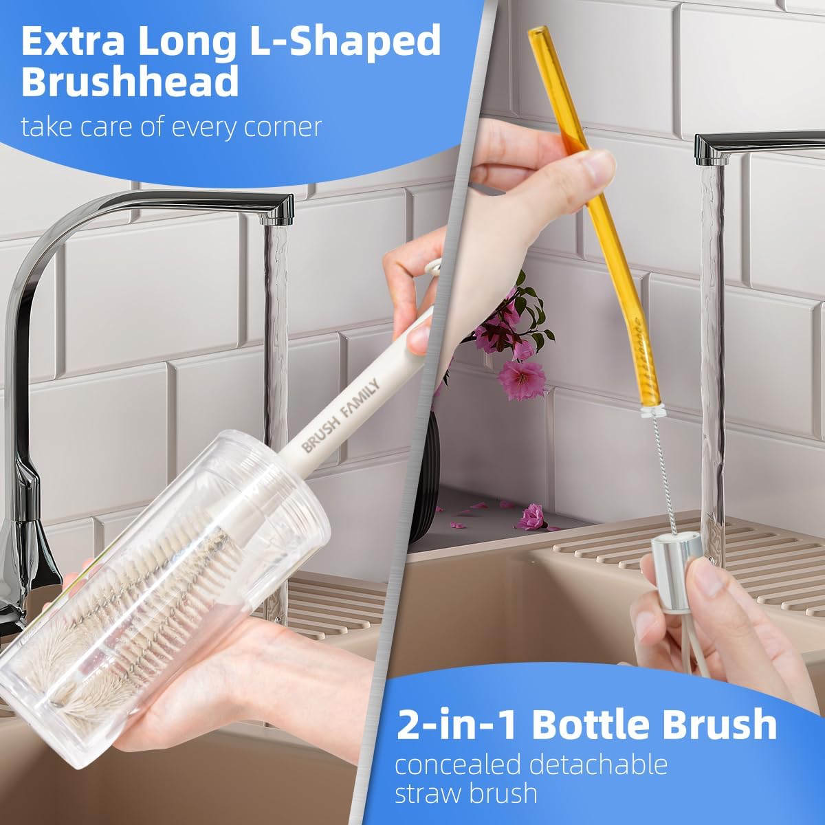 2 Pack Dish Brush Set with Dish Brush with Handle and 2-in-1 Water Bottle Brush with Removable Straw Brush for Bottles Cups, Dish Scrub Brush with Scraper Tip for Dishwashing Pans Pot Sink