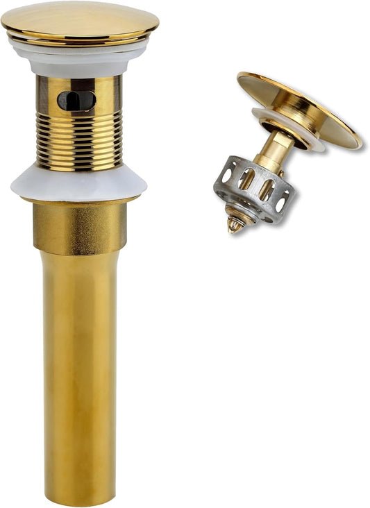 Bathroom Sink Drain, Gold Drain Stopper Bathroom Sink with Overflow,Pop Up Drain Assembly with Detachable Strainer Basket,Built-in Anti-Clogging Strainer,Stainless Steel