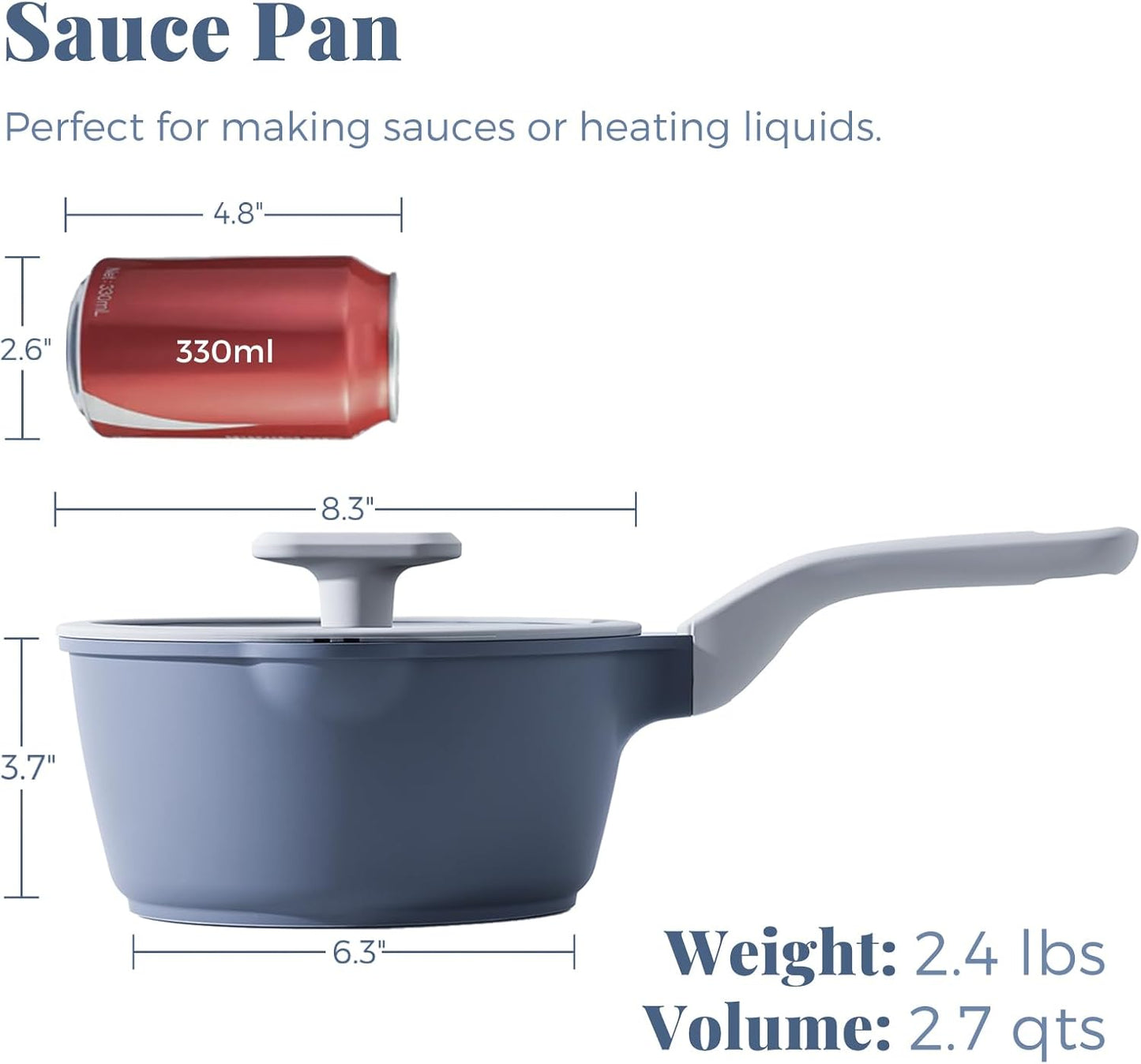 PRICUSIS Nonstick Saucepan with Lid, 2.7 Quart Ceramic Sauce Pan, Non Toxic Sauce Pot with Pour Spouts for Multipurpose Use, PTFE, PFOA & PFAS Free, Induction Compatible.
