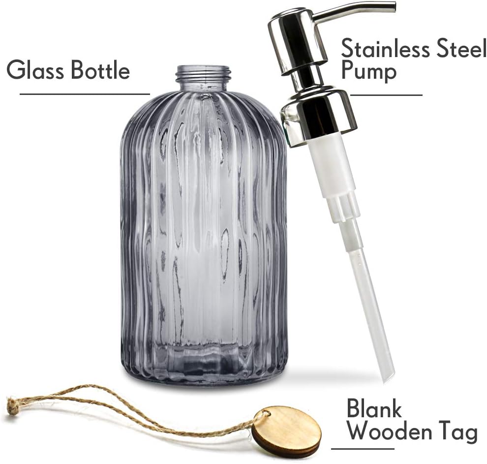JASAI 18 Oz Vertical Stripes Kitchen Soap Dispenser with 304 Rust Proof Stainless Steel Pump, Refillable Liquid Soap Dispenser for Bathroom, Kitchen, Hand Soap, Dish Soap (Clear Grey)