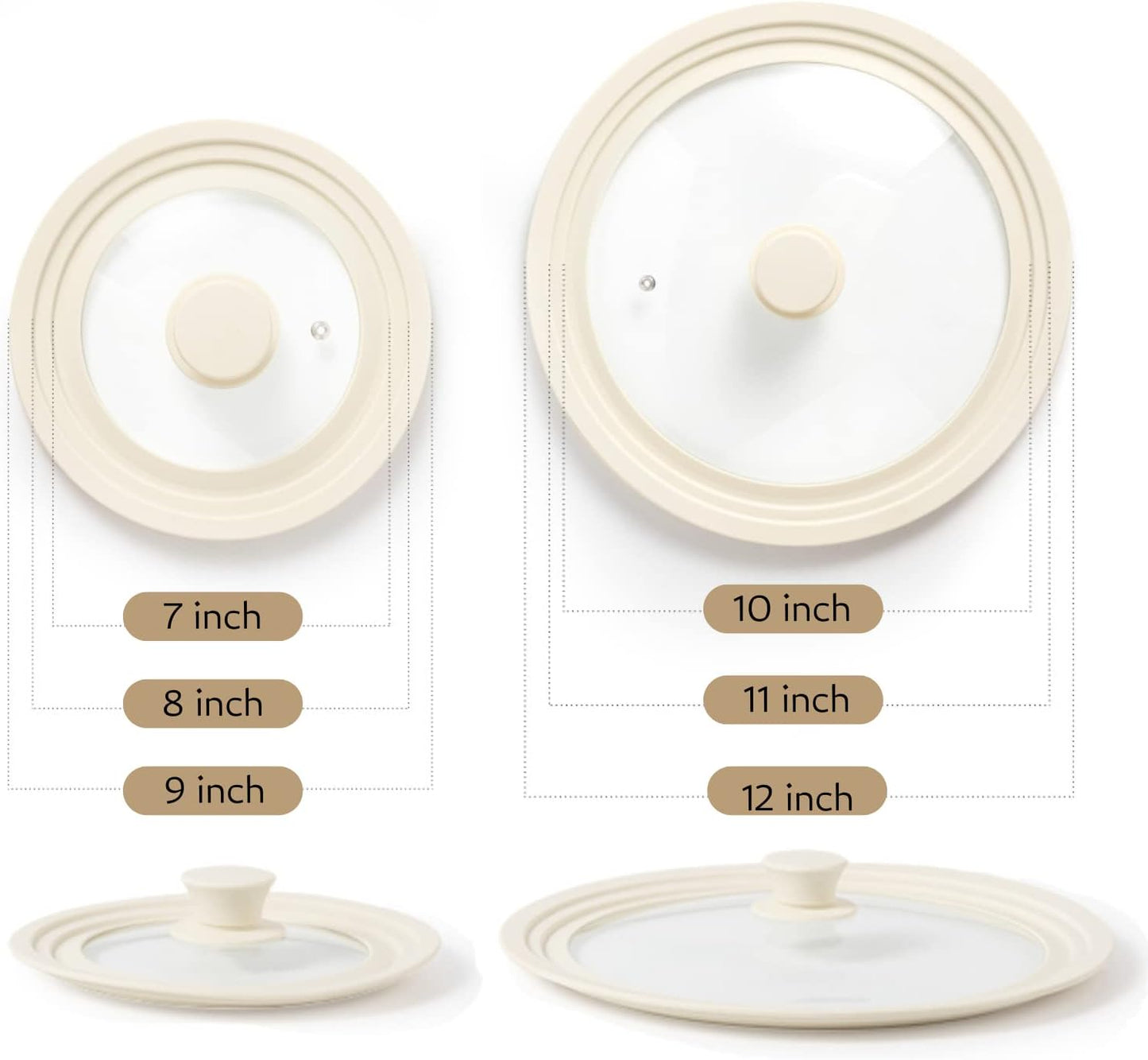 J&C LIFE Universal Lids for Pots, Pans & Skillets (Set of 2) – Fits 7, 8, 9, 10, 11, 12 Inch Pots and Pans, Tempered Glass Silicone Frying Pan Lid, Dishwasher Safe, White Replacement Lid