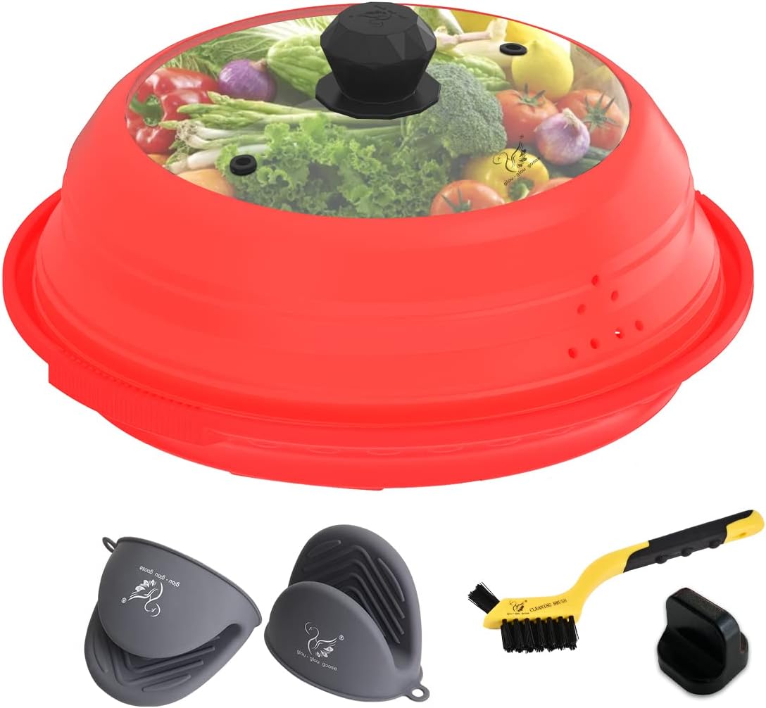 Microwave Splatter Silicone Cover Collapsible, Vented Multifunction Splash Lid with Glass Dish Bowl Plate for Food Cooking Bacon Maker, Dishwasher Safe BPA-Free 10.5 inch Cookware Set with Gloves