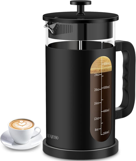 QUQIYSO French Press Coffee Maker, 304 Stainless Steel French Press with 4 Filter, Heat Resistant Borosilicate Glass, Easy to Clean, BPA Free Coffee Press Rust-Free Coffee Maker, 34 ounce, Black