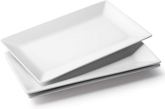 DOWAN 14" Serving Trays, Serving Platters, Ceramic Serving Platters and Trays, Rectangle Plates, Set of 3, for Weddings, Parties, Oven, Microwave, Dishwasher, Heat Resistant, Easy to Clean, White