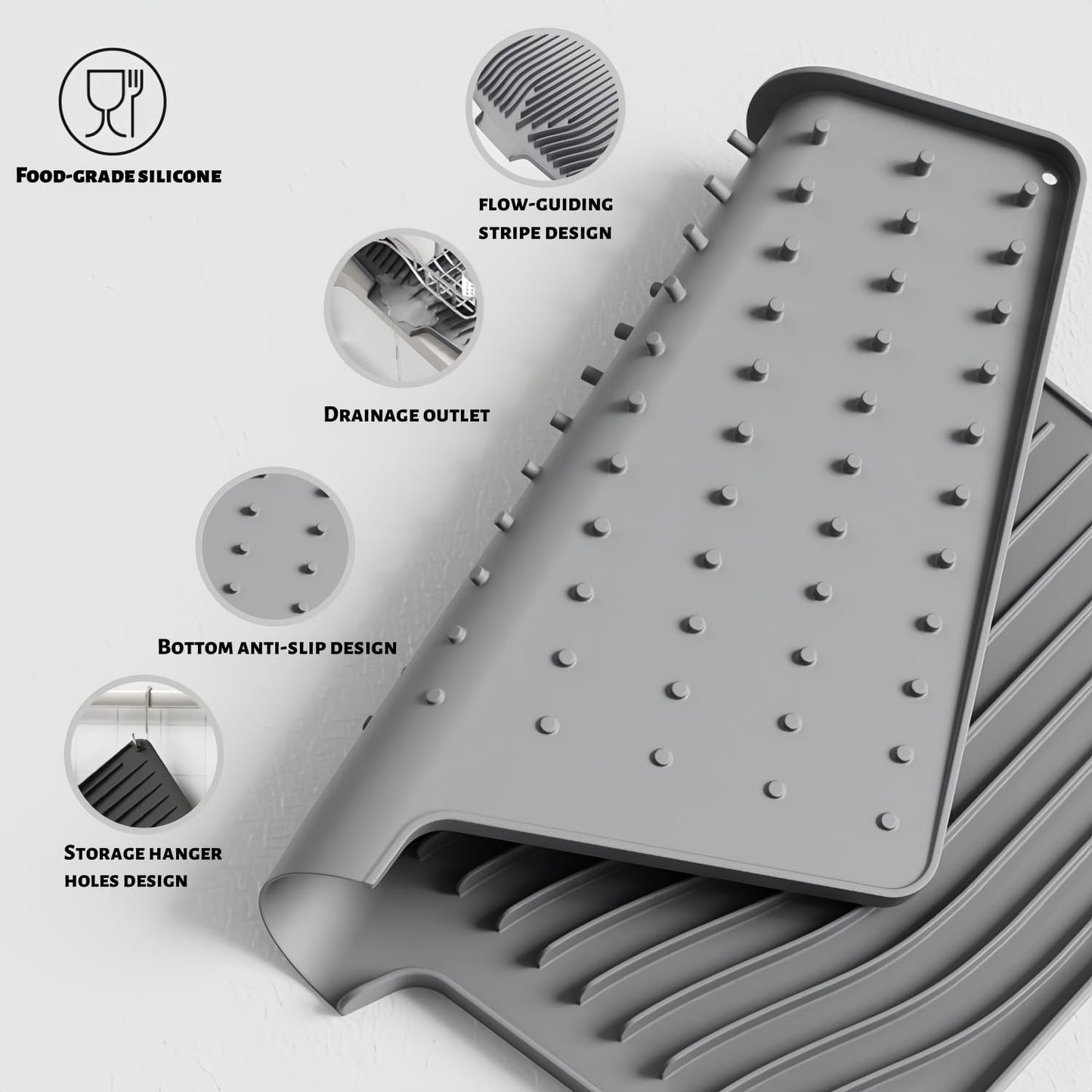 CIEO Silicone Dish Drying Mat for Kitchen Counter, Slope Fast Self-Draining, Non-Slip Drain Pad, Easy Clean Countertop Protection Mat, Multiple Use for Dishes Drying Rack（18.9"x 13.58",Gray）