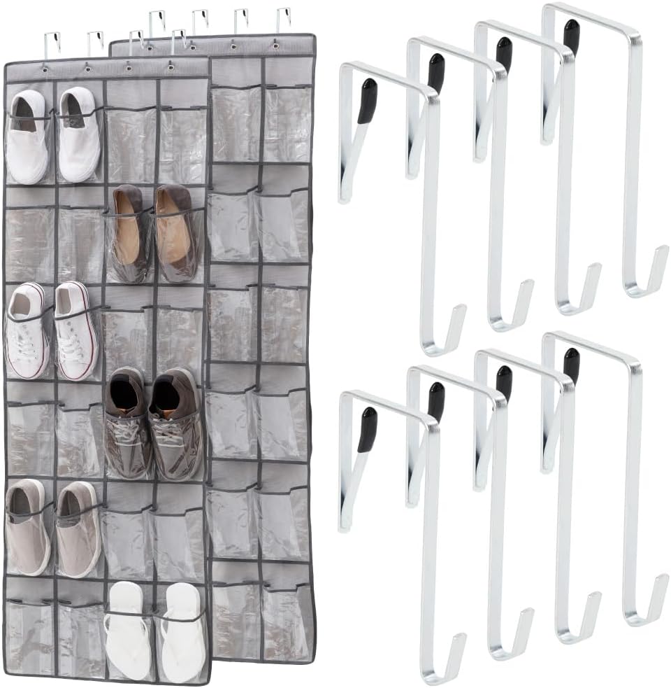 GORILLA GRIP Over the Door Shoe Organizer, 24 Large Breathable PVC Pockets, Space Saving Hanging Storage Holder, Closet Rack Hanger Holds Up to 40 lbs, Hangs on Closets for Shoes 2 Pack, Gray
