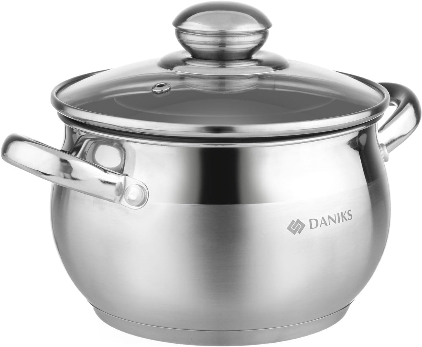 Daniks Classic Stainless Steel Stock Pot with Glass Lid – Induction 2 Quart, Dishwasher Safe, Measuring Scale, For Soup, Pasta, Stew, Silver