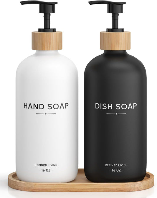 Hand and Dish Soap Dispenser Set,16oz Glass Bottles with Printed Labels, Bamboo Tray & Pump,Countertop Soap Dispensers for Kitchen,Luxury, Minimalist & Farmhouse Decor (Hand Dish (Black/White))