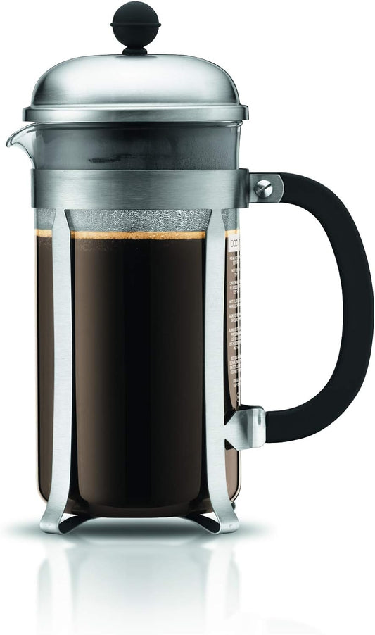 Bodum 34oz Chambord French Press Coffee Maker, High-Heat Borosilicate Glass, Brushed Stainless Steel – Made in Portugal