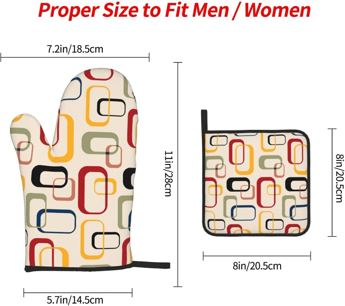 Mid Century Modern Retro Oven Mitts and Pot Holders Sets of 3 Vintage Decorative Heat Resistant Non Slip BBQ Gloves for Cooking Grilling Baking Kitchen Decor