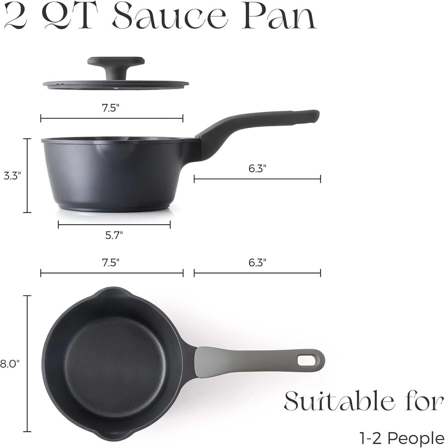 PRICUSIS Nonstick Saucepan with Lid, 2 Quart Non Toxic Pot with Pour Spouts, Full Coated, 100% Dishwasher Safe, Induction Compatible & Oven Safe, PTFE & PFOA Free, Black Sesame