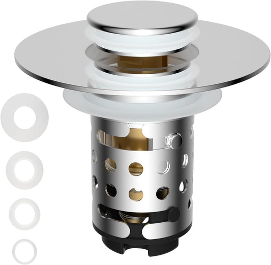 Universal Bathroom Sink Stopper Hair Catcher Upgraded with 2-Layer Detachable Filter Basket – 4 in 1 Pop Up Sink Drain Strainer, Anti-Clog, Odor-Block, Universal Fit for 1.1''~2.36'' Sinks, Chrome