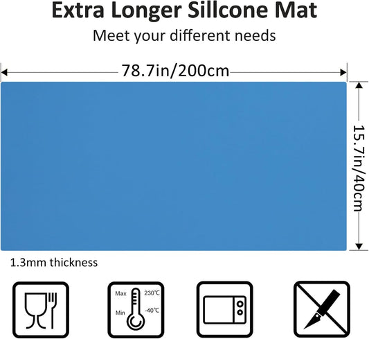 Silicone Mats for Kitchen Counter, Nonslip Silicone Mats for Crafts Countertop Protector Heat Resistant Mat (Light Blue, 78.7"L x 15.7"W)
