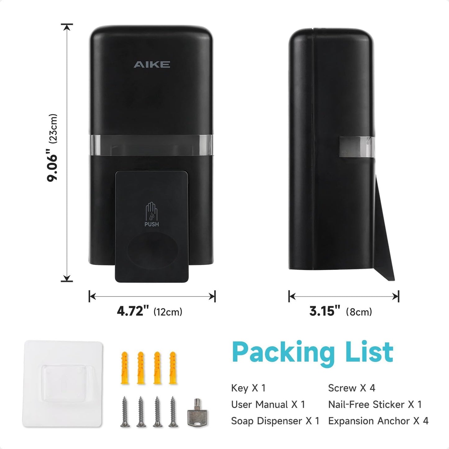 AIKE Wall Mount Liquid Soap Dispenser, 27oz Large Capacity with Extended Pump for Commercial Bathrooms(Black)