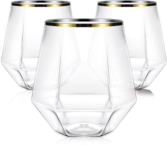 40 Pcak Plastic Stemless Wine cocktail Whiskey Champagne Glasses, 12 Oz Gold Rim Disposable Clear Unbreakable Cups for Party Bars Wedding Tasting (Diamond-shaped)