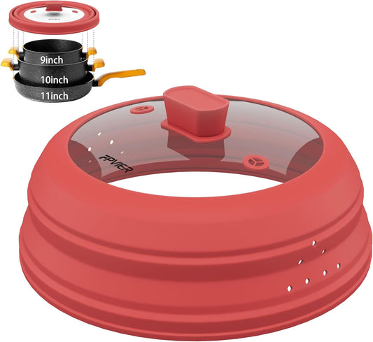 Microwave Splatter Cover, Vented Silicone and Glass Cover Splatter Guard Lid, Food Collapsible Plate Cover Lid with Easy Grip Handle. (Red, 11.8 inch)