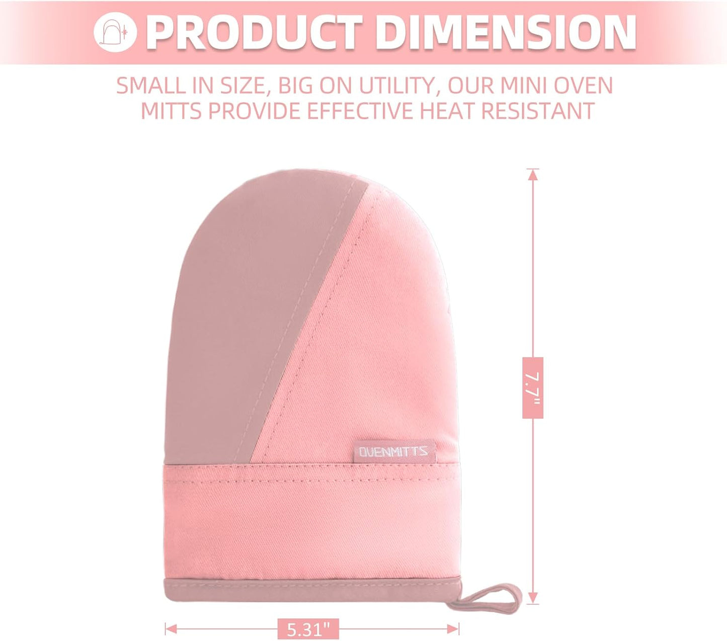 Mini Oven Mitts, Kitchen Oven Gloves Kitchen Mittens 500 Degrees Heat Resistant Baking Gloves, Non-Slip Silicone Surface with Hanging Loops Hot Gloves for Cooking, Baking, BBQ 1 Pair-Pink