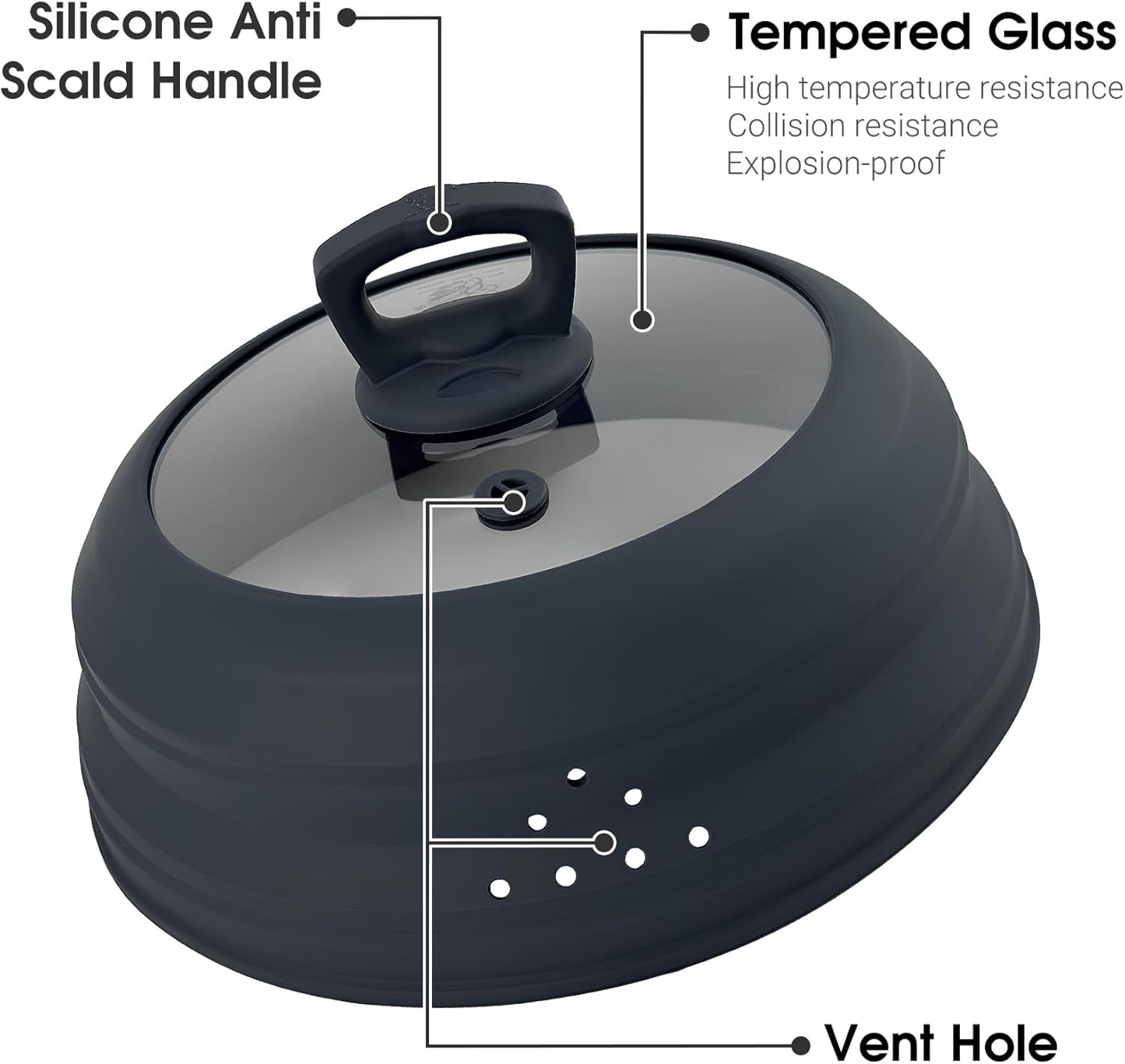 Microwave Splatter Cover Glass 10.5 Inch Microwave Cover for Food with Handle Collapsible Silicone Microwave Cover with Steam Vent for Pot Plate Bowl (Grey)