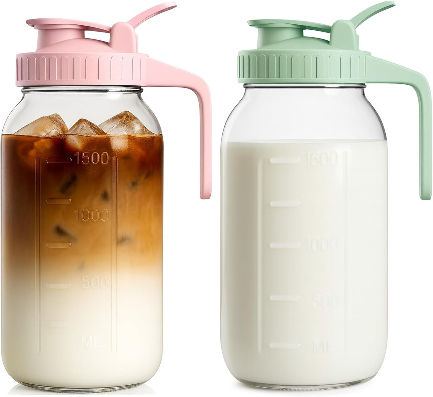 | 2 Pack | 64oz Glass Pitcher with Lid and Spout, 2 Quart (1.9 Liter) Mason Jar Pitcher Wide Mouth, Airtight Water Jug for Juice, Sun Tea, Iced Coffee, Milk Storage, Pink & Green