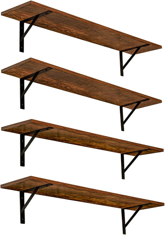 DINZI LVJ Long Wall Shelves, Set of 4, 39.4Inch Wall Mounted Shelves, Extra Large Wall Storage Ledges with Sturdy Metal Brackets for Living Room, Bathroom, Bedroom, Kitchen, Rustic Brown