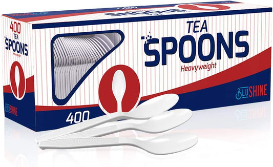 400 Pack Extra Heavyweight Disposable White Plastic Tea Spoons- Heavy Duty White Cutlery-Utensils, Parties, Dinners, Catering Services, Family Gatherings