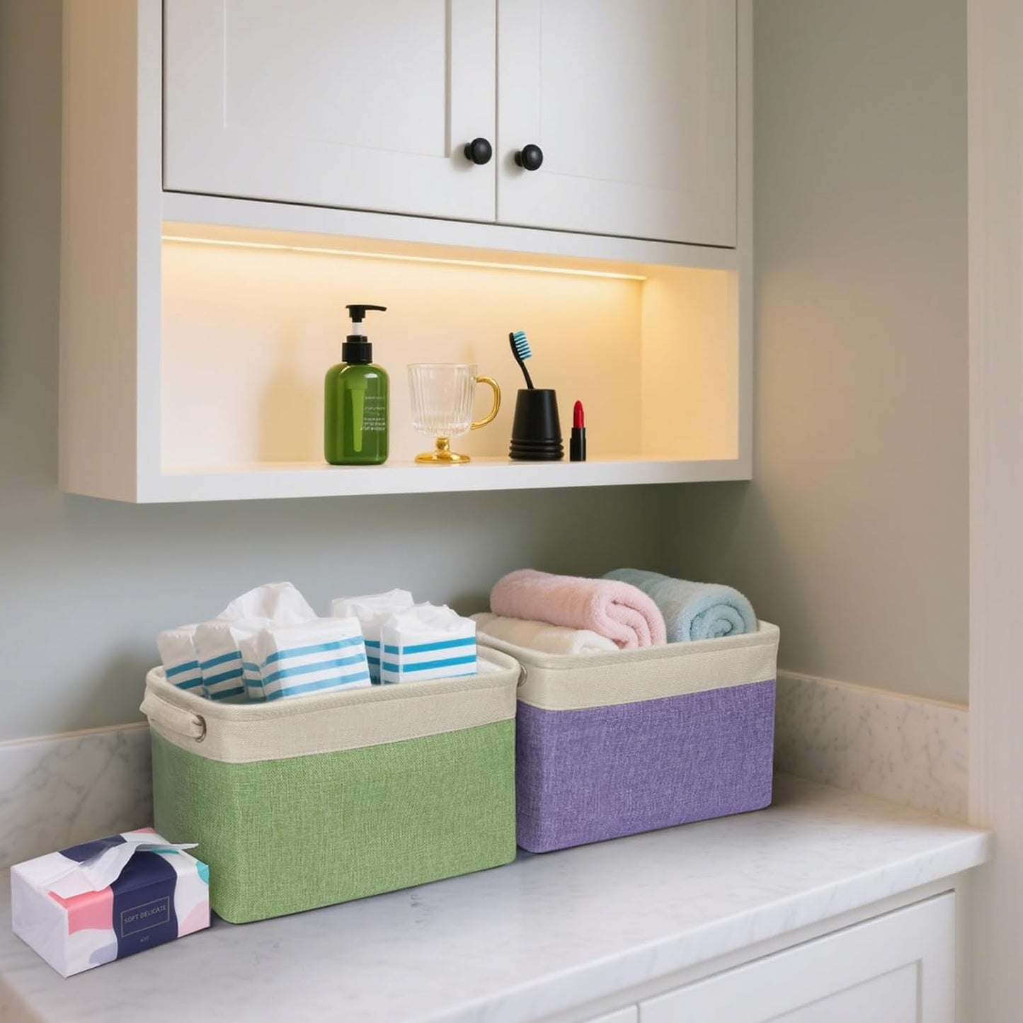 BALEINE 4 Pack Fabric Storage Bins for Shelves, Linen Storage Baskets for Organizing, Decorative Closet Bins for Clothes, Home (Green, 12"x8"x8")