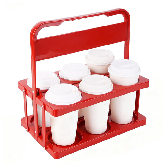 Bodaon 6 Cup Drink Carrier with Handle, Plastic Cup Carriers for Drinks, Drink Holder for Car, GrubHub/Eats Doordash Accessories, Portable Foldable Reusable Mobile, Use for Food Delivery Bag, Red