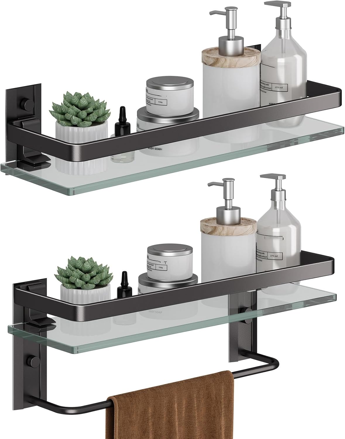 Danpoo Bathroom Shelves Wall Mounted, Clear Tempered Glass Shelf with Towel Bar, Hand Towel Holder(Matte Black)