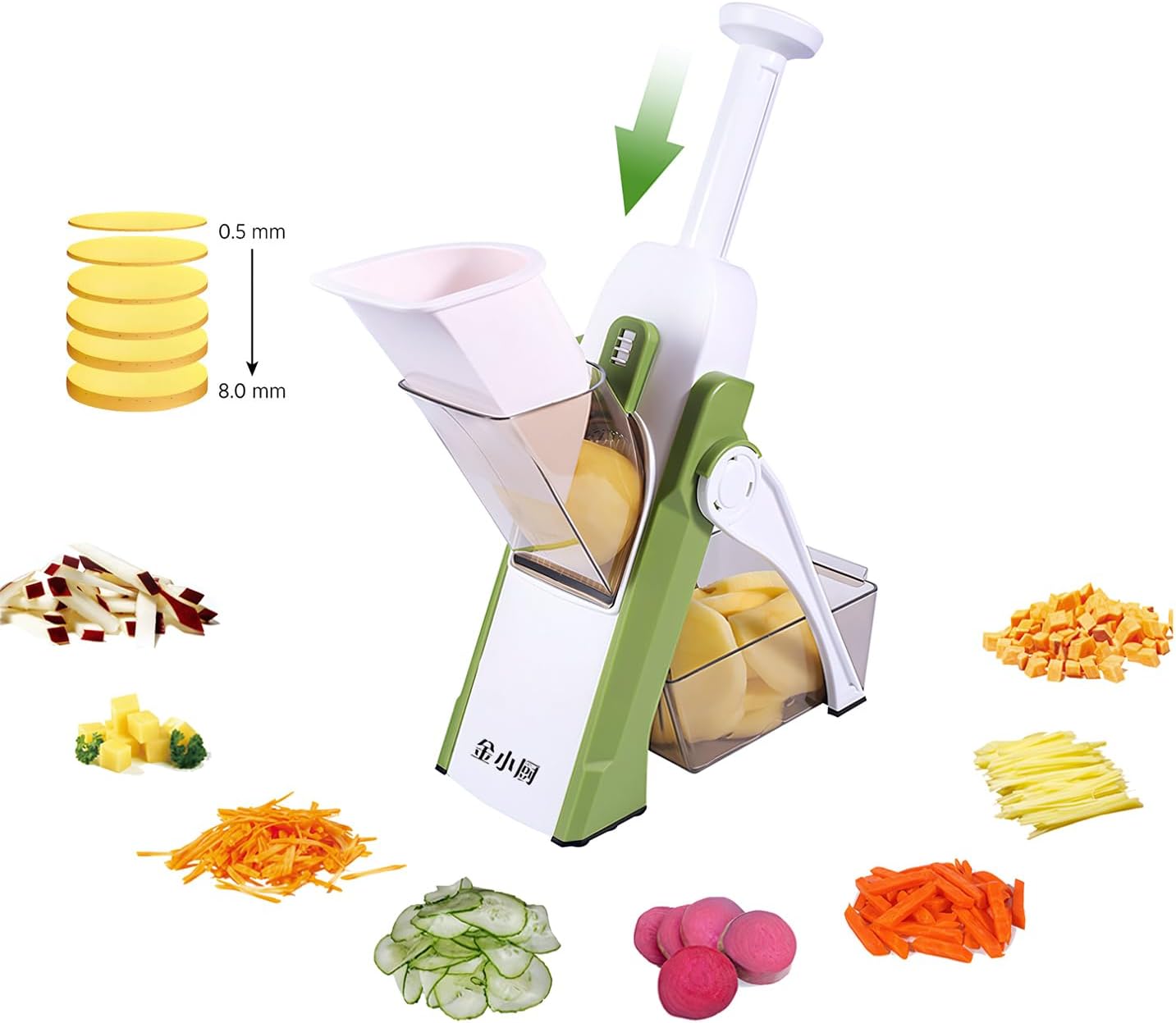 ShanSon Safe Mandoline Slicer,French Fry Cutter,Multifunctional Vegetable Chopper,Mandoline Potato Slicer with 25+ Presets & Thickness Adjuster, Chopping Artifact for Kitchen Meal Prep,Green