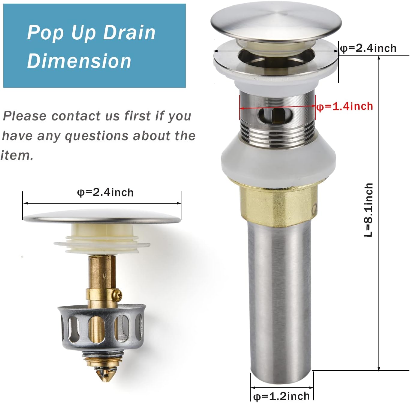 Bathroom Sink Drain,2 Pack Drain Stopper Bathroom Sink with Overflow,Pop Up Drain Assembly with Detachable Strainer Basket,Built-in Anti-Clogging Strainer,Stainless Steel Brushed Nickel