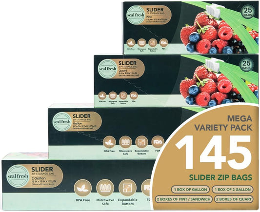 Slider Storage Bags Variety Pack 145 Count — Pint, Quart, Gallon, 2 Gallon Sizes — Expandable Bottom, BPA Free, Microwave Safe, Freezer Safe