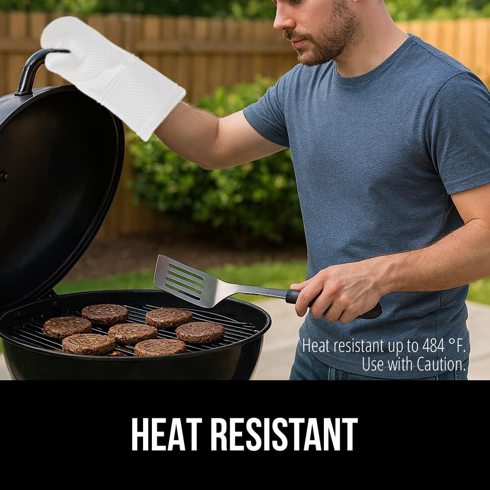 GORILLA GRIP BPA-Free Soft Silicone Oven Mitts, 14.5x8.3, Heat Resistant and Waterproof Cooking Gloves, Thick Cotton Lining, Flexible Gripping for Baking Grilling, Kitchen Potholders Set of 2, White