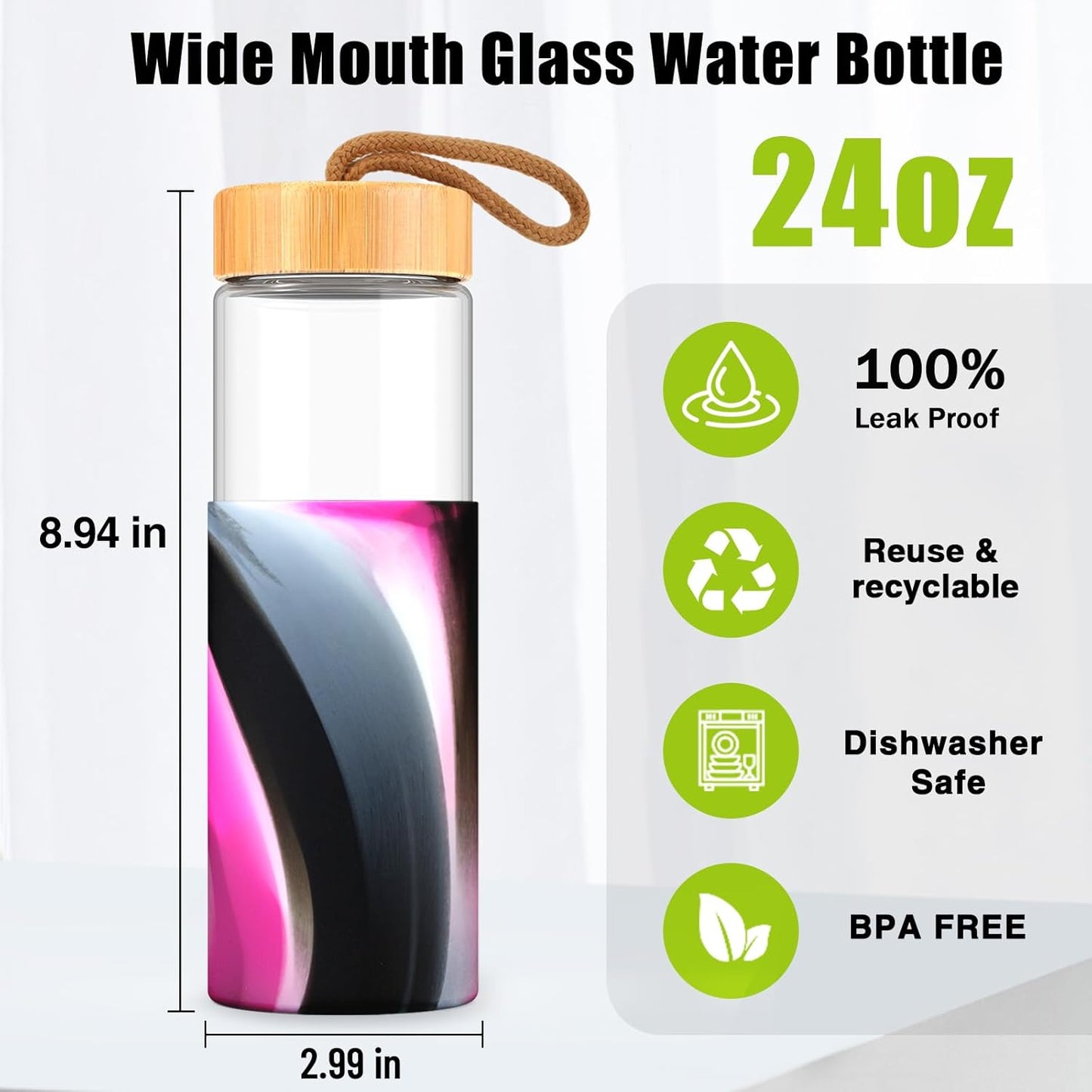 Tronco 24oz Glass Water Bottles with Bamboo Lid & Silicone Sleeve, Leak Proof, BPA Free, Reusable Borosilicate Glass Bottles for Juicing, Smoothies, Juice & Water, for Men & Women Gym, Office, Travel