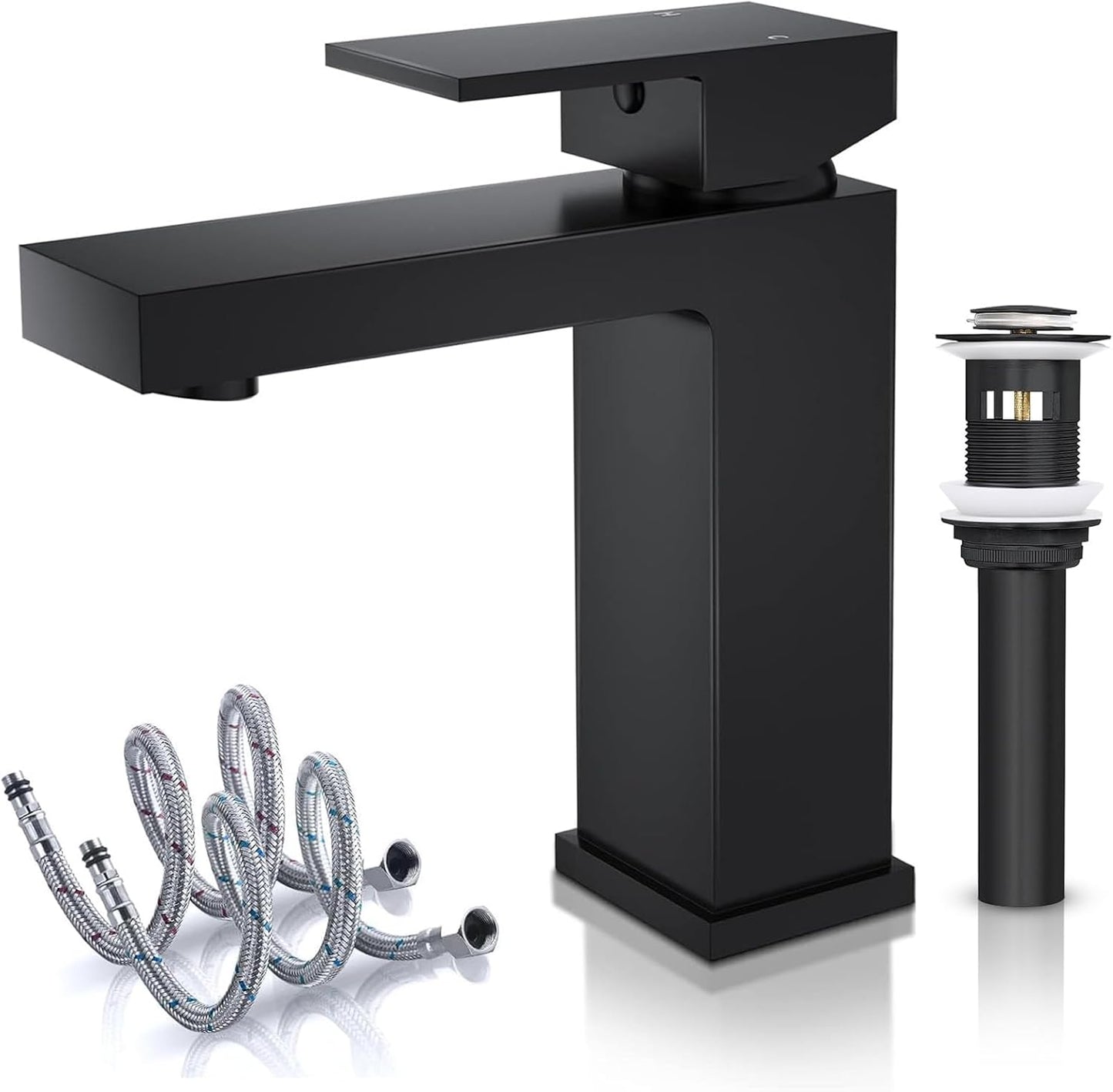 Solid Brass Black Bathroom Faucet, cUPC & CEC Certified 1 Hole Faucet for Bathroom Sink, Lead-Free Single Hole Bathroom Sink Faucet with Water Supply Hoses & Pop Up Drain Stopper