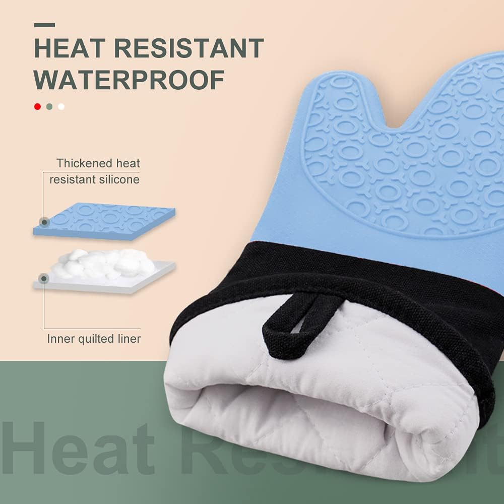 sungwoo Extra Long Silicone Oven Mitts, Heat Resistant Oven Gloves with Quilted Liner Non-Slip Textured Grip Perfect for BBQ, Baking, Cooking and Grilling - 1 Pair 14.6 Inch Sky Blue & Black
